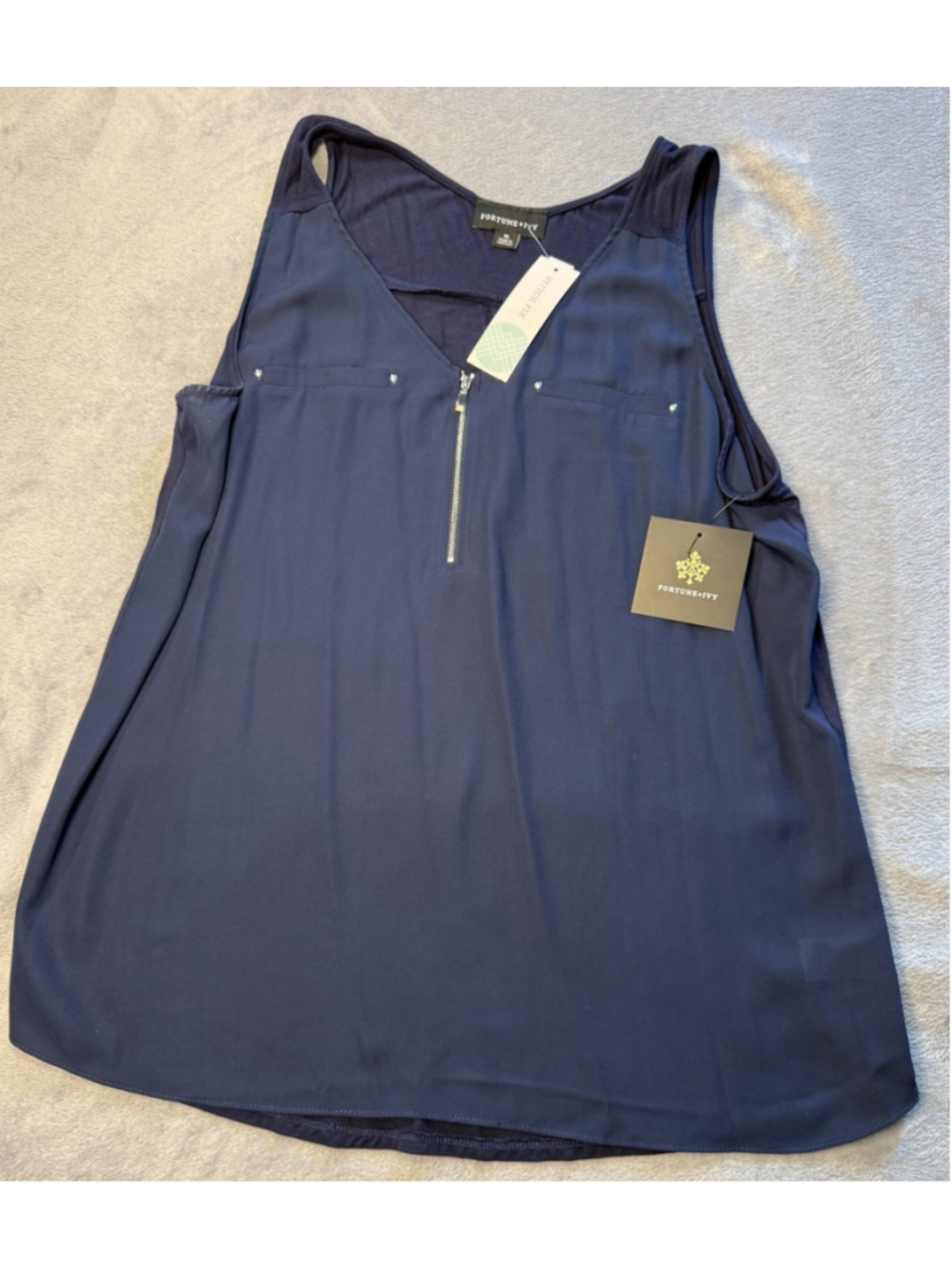 FORTUNE & IVY Woman’s Zip Detail Mixed Material Blouse Tank Top Navy XL NWT